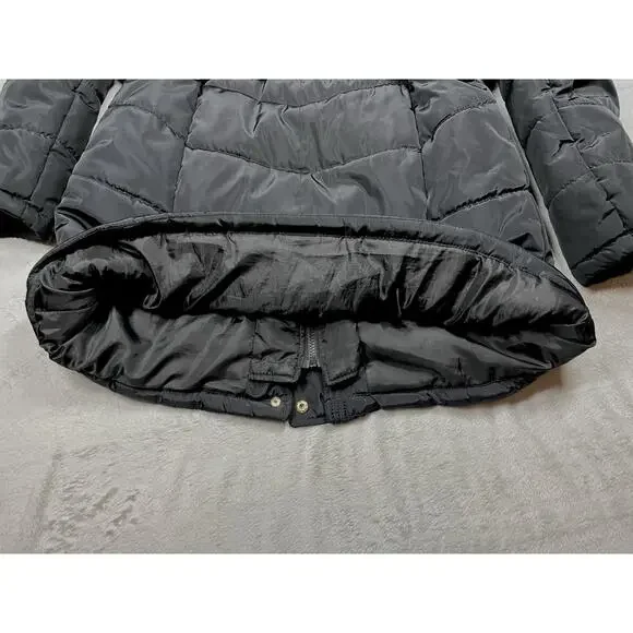 Bebe Long Black Puffer Coat Belted Gold Accents Womens L Double Zipper Hooded - Picture 6 of 16